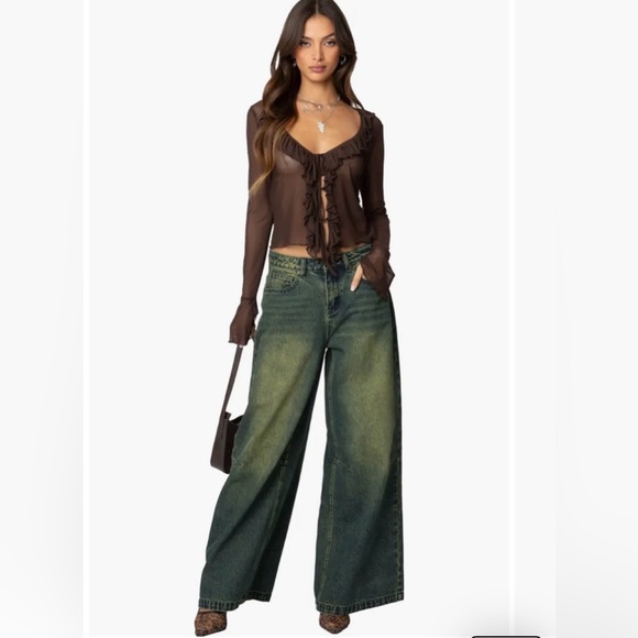 Edikted Chocolate Sheer Ruffle Blouse - Picture 3 of 6